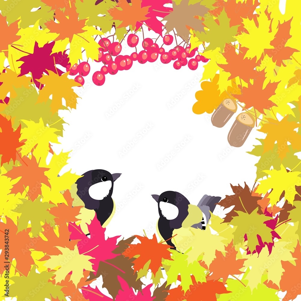 Obraz premium Autumn frame of maple leaves, autumn background, warm colors, fruits and birds, color illustration in vector