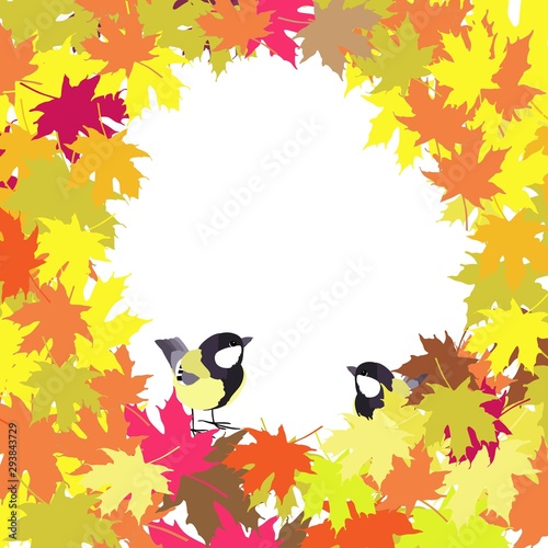 Autumn frame of maple leaves, autumn background, warm colors, fruits and birds, color illustration in vector