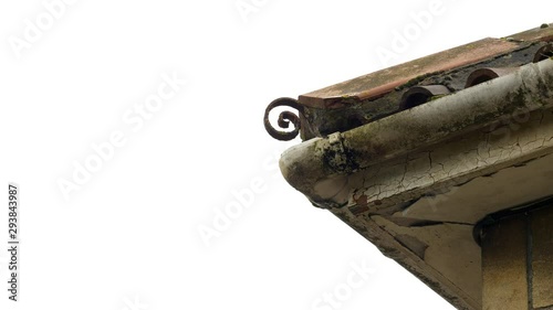 dripping gutter white background rusty peeling paint poor condition