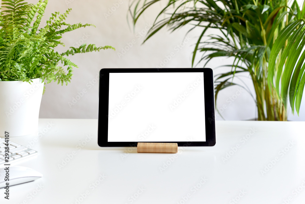 Blank white screen on portable tablet device on modern office desk Blank white screen on portable tablet device on modern office desk