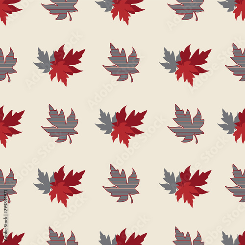 Seamless pattern with patterned leaves. Complex illustration print in grey  red  cream and burgundy.