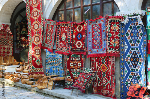  Traditional colorful rugs and carpets are decorated orientally in a carpet store in Cappadocia Turkey.