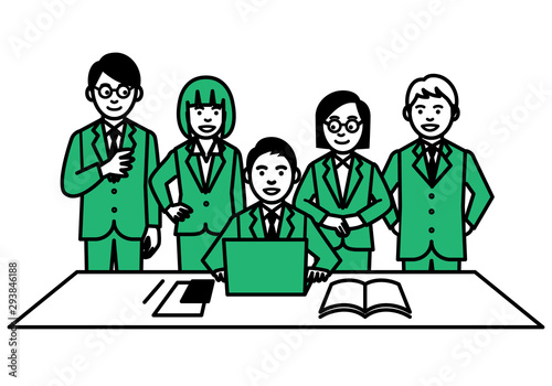 Business team discussing on computer screen. Vector illustration.