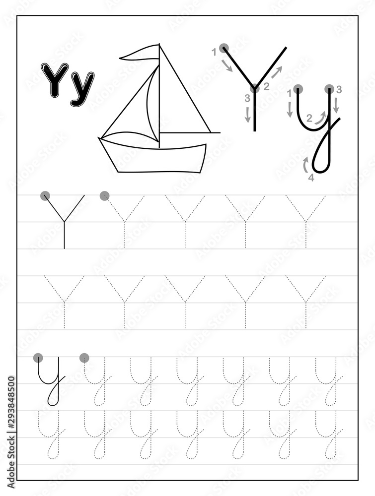tracing alphabet letter y black and white educational pages on line for kids printable worksheet for children textbook developing skills of writing vector for baby book back to school stock vector