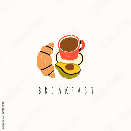 Healthy tasty breakfast. Croissant, tea or coffee cup or mug and half of avocado fruit. Hand drawn trendy vector illustration. Cartoon style. Flat design. Greeting card