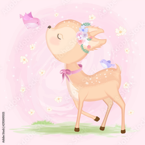 Cute baby deer with bird hand drawn animal illustration watercolor on pink
