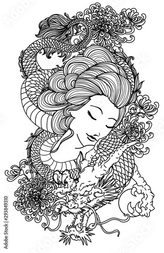 Tattoo women and dragon hand drawing sketch black and white