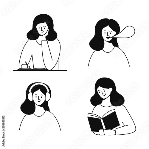 Writing, speaking, listening, reading. Woman character