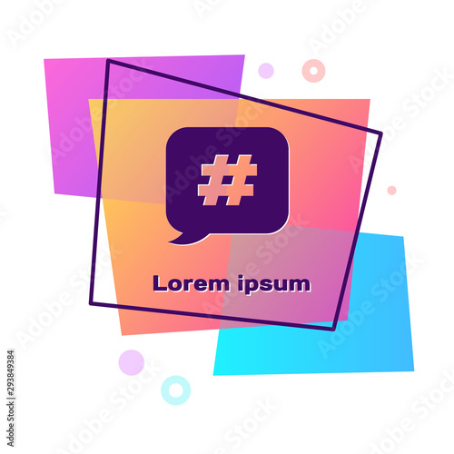 Purple Hashtag speech bubble icon isolated on white background. Concept of number sign, social media marketing, micro blogging. Color rectangle button. Vector Illustration