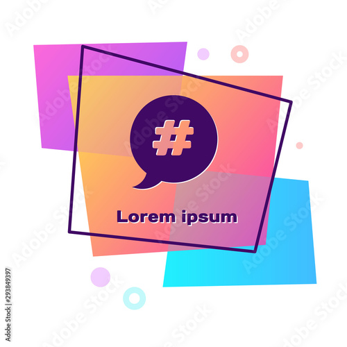 Purple Hashtag speech bubble icon isolated on white background. Concept of number sign, social media marketing, micro blogging. Color rectangle button. Vector Illustration