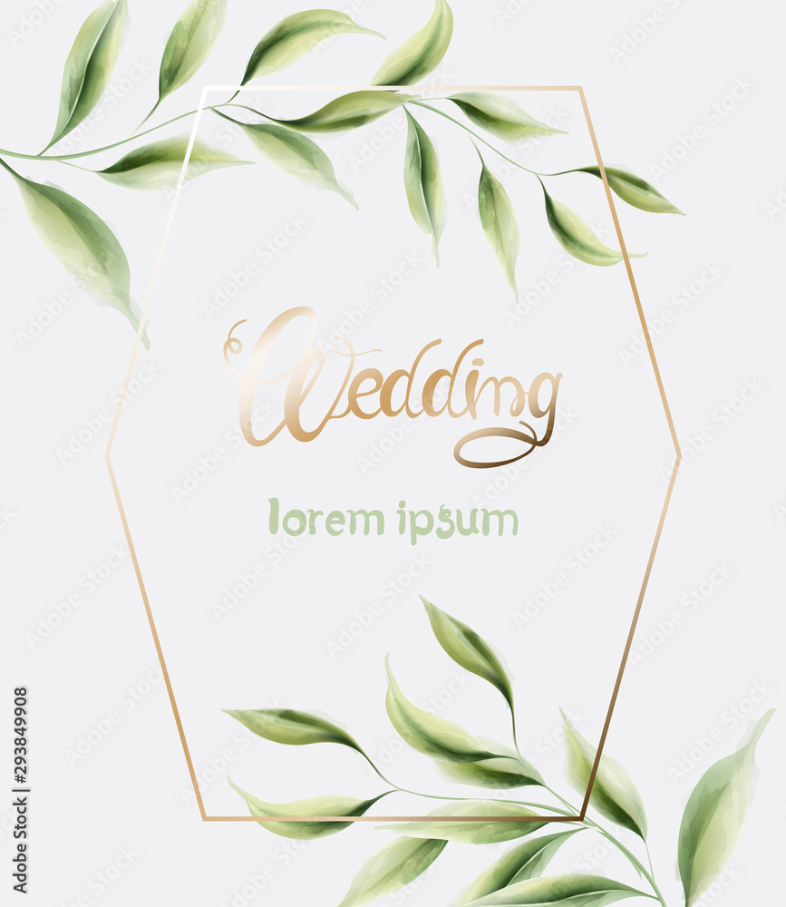 Wedding greeting card with hexagon shape frame and green leaves. Watercolor Vector composition