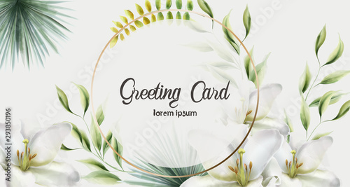 Golden wreath greeting card with green leaves, lily flowers and palm. Watercolor Vector composition