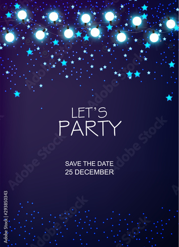 Christmas party invitation with blue stars and magic background. Fairy lights...