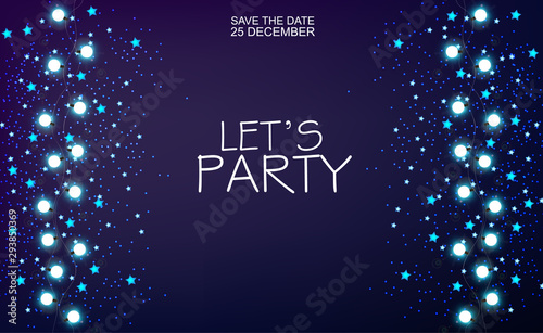 Christmas party invitation with blue stars and magic background. Fairy lights...