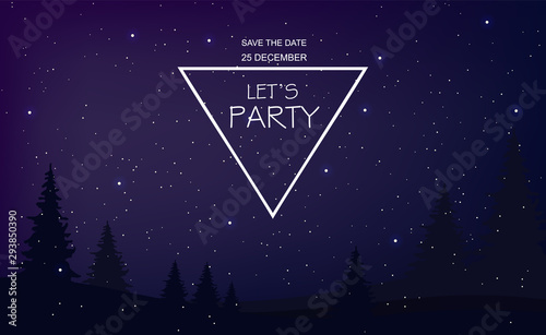 Christmas party invitation with blue stars and magic background. Magic dark f...