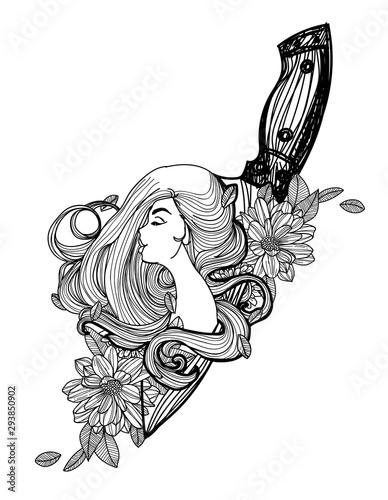 Tattoo art woman in knife and flowers sketch black and white