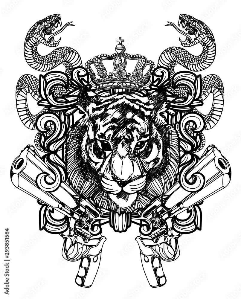 Tattoo art lion and gun hand drawing black and white Tattoo art lion and gun hand drawing black and white