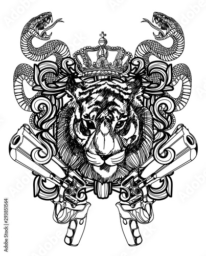 Tattoo art lion and gun hand drawing black and white