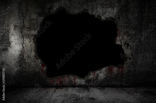 Fotografia Bloody background scary on damaged grungy crack and broken concrete bricks wall