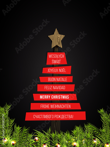 Merry Christmas Greeting Card with Different Languages (Joyeux Noël, Frohe Weihnachten, Buon Natale, Feliz Navidad, Счастливого рождества!, and Wesołych Świąt).