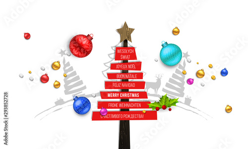 Merry Christmas Greeting Card with Different Languages (Joyeux Noël, Frohe Weihnachten, Buon Natale, Feliz Navidad, Счастливого рождества!, and Wesołych Świąt).