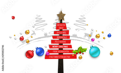 Merry Christmas Greeting Card with Different Languages (Joyeux Noël, Frohe Weihnachten, Buon Natale, Feliz Navidad, Счастливого рождества!, and Wesołych Świąt).