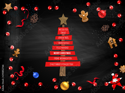 Merry Christmas Greeting Card with Different Languages (Joyeux Noël, Frohe Weihnachten, Buon Natale, Feliz Navidad, Счастливого рождества!, and Wesołych Świąt).