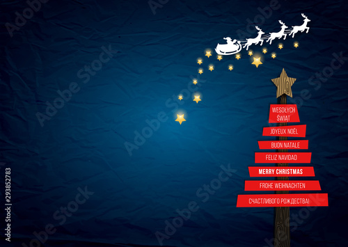 Merry Christmas Greeting Card with Different Languages (Joyeux Noël, Frohe Weihnachten, Buon Natale, Feliz Navidad, Счастливого рождества!, and Wesołych Świąt).