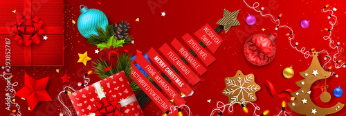 Merry Christmas Greeting Card with Different Languages (Joyeux Noël, Frohe Weihnachten, Buon Natale, Feliz Navidad, Счастливого рождества!, and Wesołych Świąt).