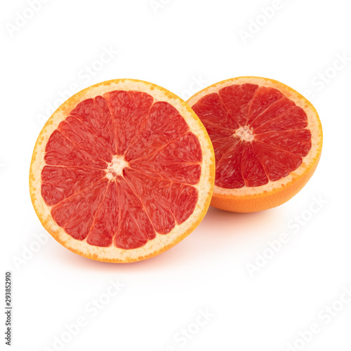 Fresh grapefruit orange   pomelo half cut into two equal parts with a juicy red pulp. Isolated on white background. Side view.