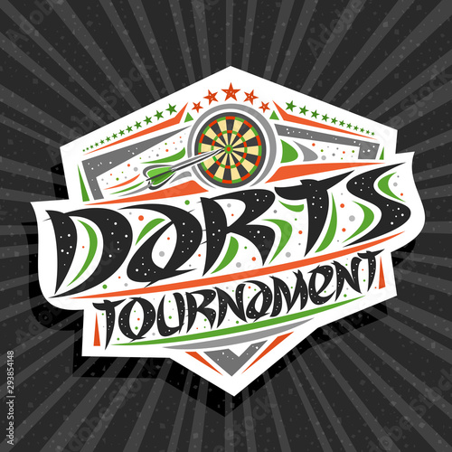 Vector logo for Darts Tournament, modern signage with arrow thrown in dartboard, original brush typeface for words darts tournament, sports shield with stars in a row on grey abstract background.