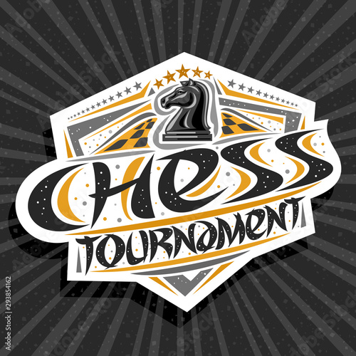 Vector logo for Chess Tournament, modern signage with knight piece on chessboard, original brush typeface for words chess tournament, sports shield with stars in a row on grey abstract background.