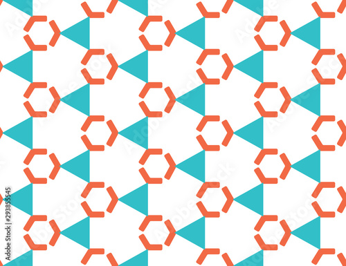 Vector seamless geometric pattern. Shaped turquoise hexagons and orange triangles, white background.