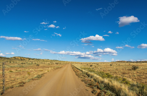 Desert landscape of a dirt road and a few clouds on a sunny day in New Mexico
