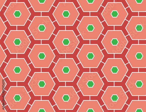 Vector seamless geometric pattern. Shaped white, green, red hexagons, lines.