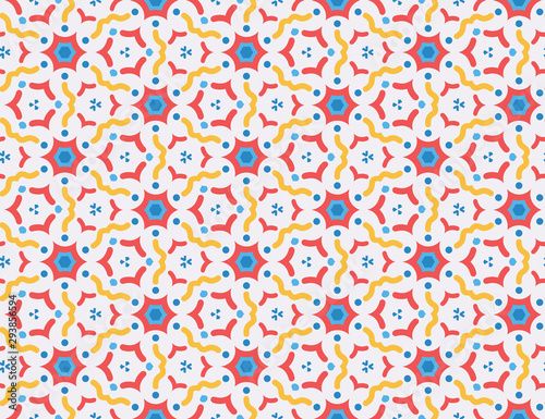 Vector seamless geometric pattern. red, blue, yellow wavy lines, shapes, white background.