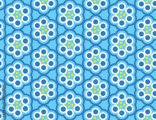 Vector seamless geometric pattern. Shaped flowers, circles, arrows in blue, white, yellow colors.