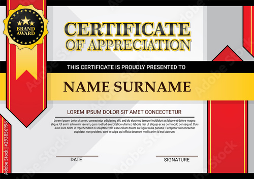 Landscape modern certificate background template with gold, black & red theme. Vector.