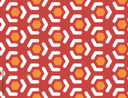 Vector seamless geometric pattern. Shaped orange hexagons, white lines, arrows, red background.