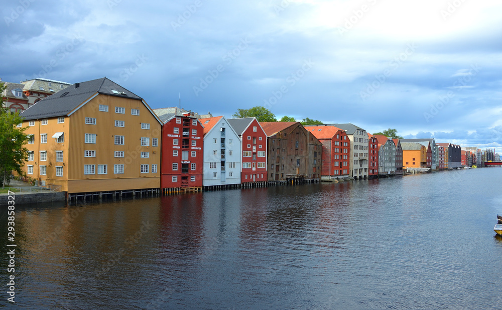 Wooden Colorful Houses Along the River in Trondheim, Norway