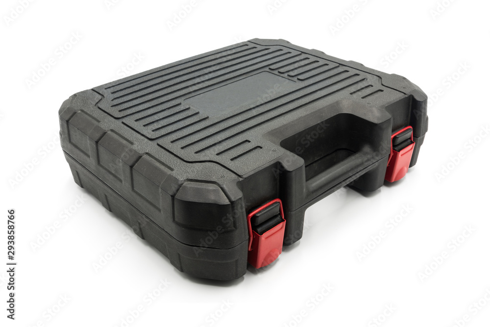 A portable hand-held black plastic toolbox flat lying isolated on white background A portable hand-held black plastic toolbox flat lying isolated on white background