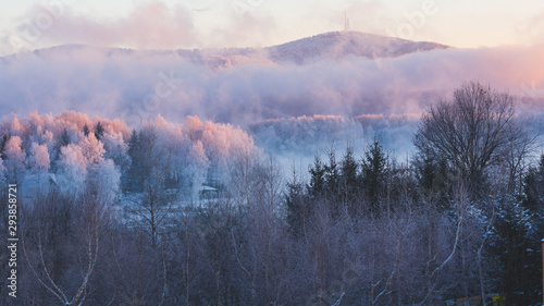 Frosty, foggy sunrise in the "Bieszczady" mountains in Poland.