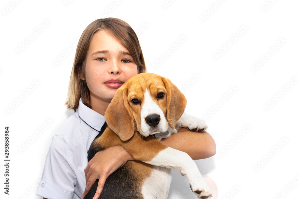 Portrait of a teenage girl with a dog breed Beagle.