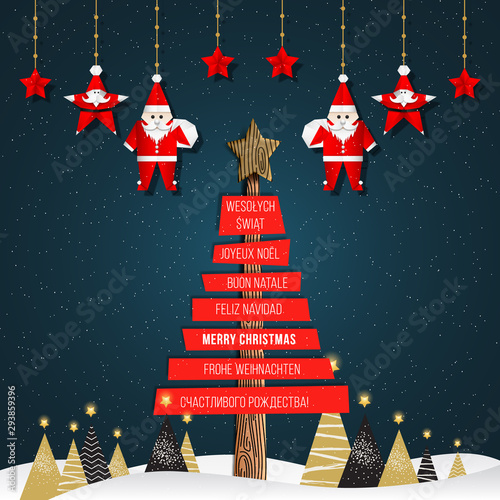 Merry Christmas Greeting Card with Different Languages (Joyeux Noël, Frohe Weihnachten, Buon Natale, Feliz Navidad, Счастливого рождества!, and Wesołych Świąt).