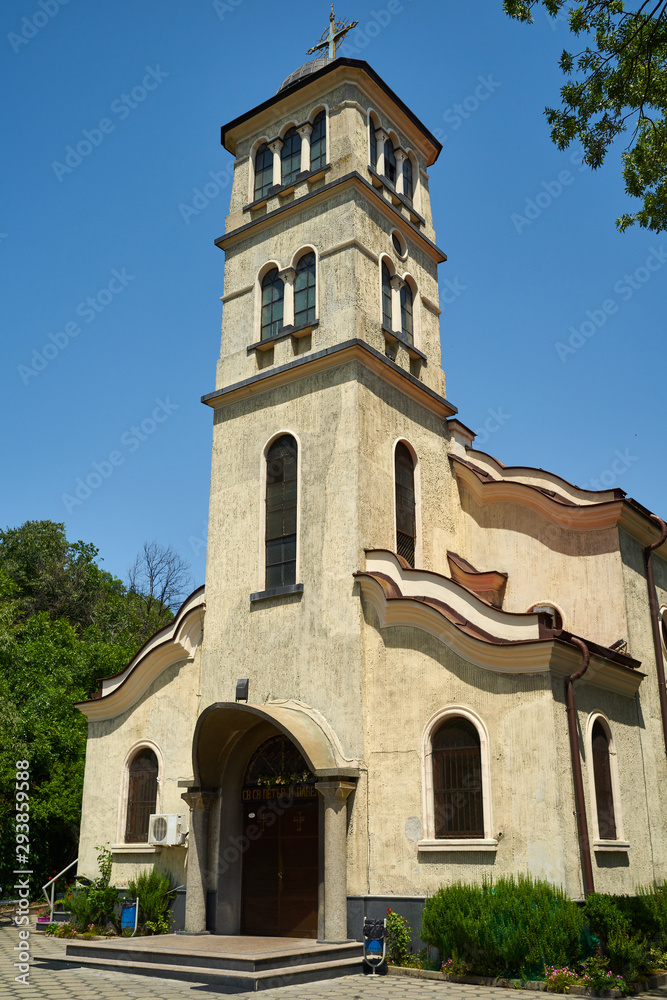 Church Sv. Sv. Peter and Paul. Plovdiv (Cyrillic facade inscription). Bulgaria. Wide angle lens.