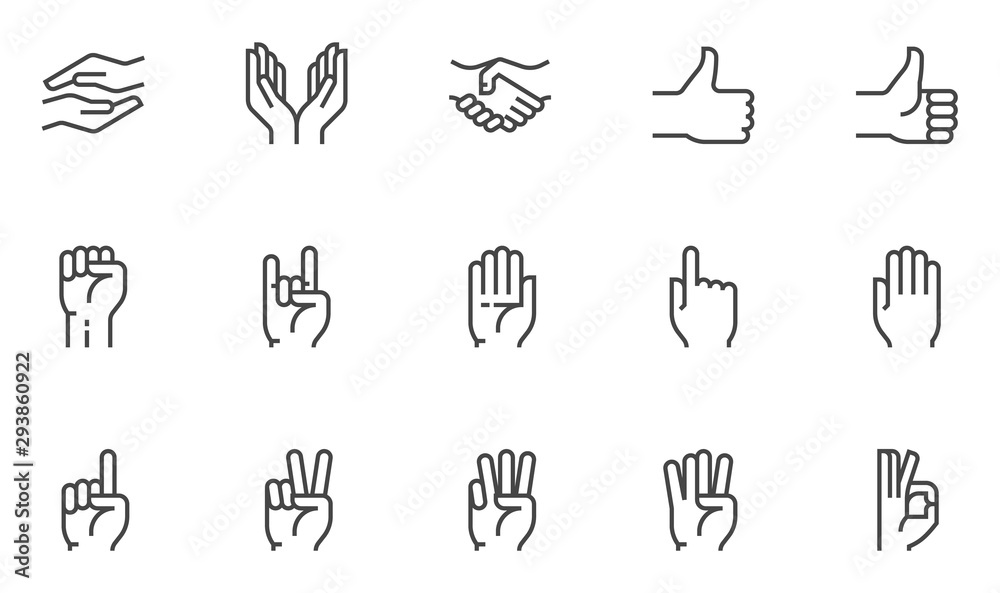 Hands vector line icons set. Hand gestures, signals. Editable stroke. 48x48 Pixel Perfect.