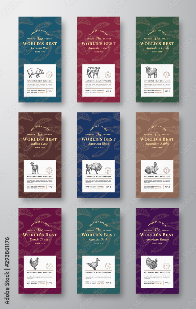 Obraz premium Premium Quality Meat and Poultry Labels Set. Abstract Vector Packaging Design or Cards. Modern Typography and Hand Drawn Domestic Animals Silhouette Background Layouts. Soft Realistic Shadows.