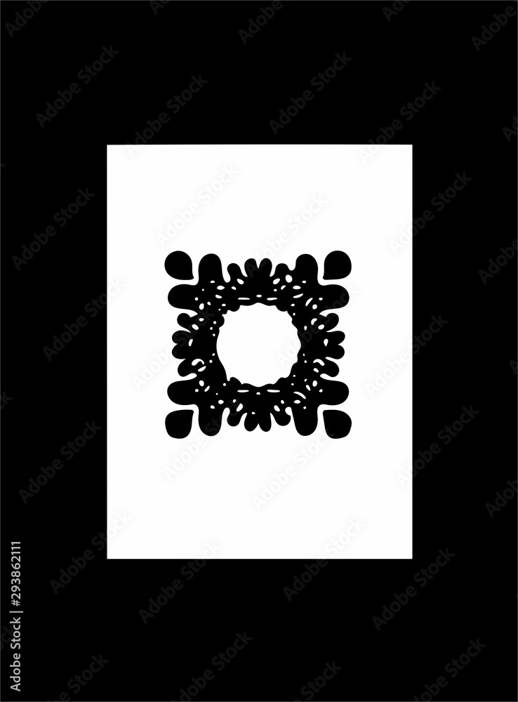 Ornate abstract black symbol on white background and black frame