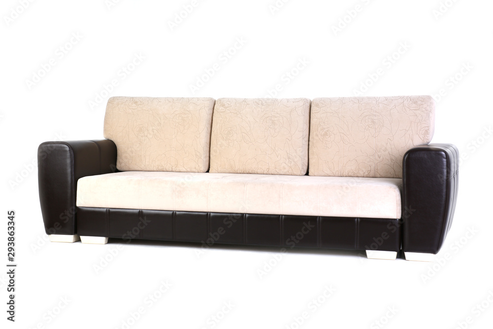 Fototapeta premium Fashionable exclusive beige sofa with brown leather insets isolated on a white background made for a custom made store