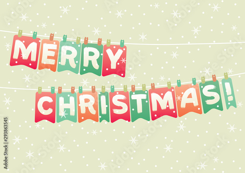 Merry Christmas greeting card.. Vector background with lettering hand drawn  text on Festive bunting flags and  snowflakes